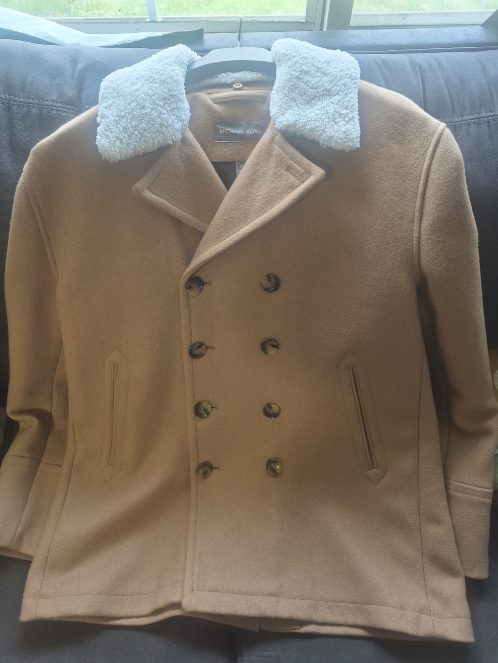Michael Kors Camel Peacoat with White Sherpa Collar MENS XL